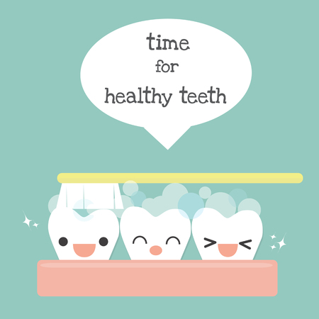 teeth and toothbrush with bubble of toothpaste on blue background.のイラスト素材