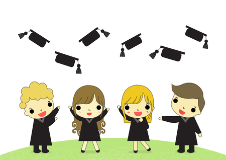four graduate standup with happy emotion and floating hat.のイラスト素材