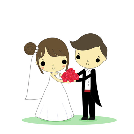 handsome groom and beautiful bride carry roses and stand on green ground with white background.のイラスト素材