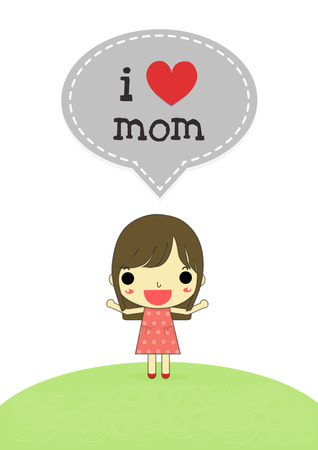 cute girl who stand on grass is speaking " i love mom" .のイラスト素材