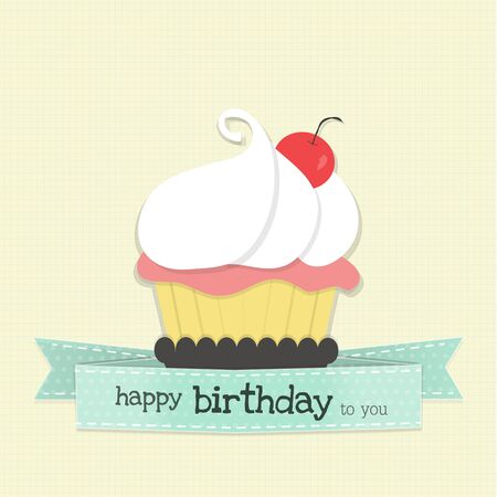 cute cup cake and text "happy birthday to you" above blue ribbon on line background.のイラスト素材