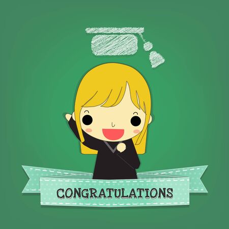 graduate woman with blue dot ribbon and text " congratulations"  front of chalkboard.のイラスト素材