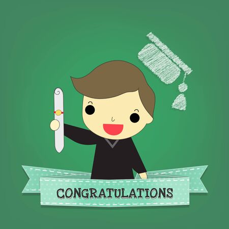 graduate man with blue dot ribbon and text " congratulations"  front of chalkboard.のイラスト素材