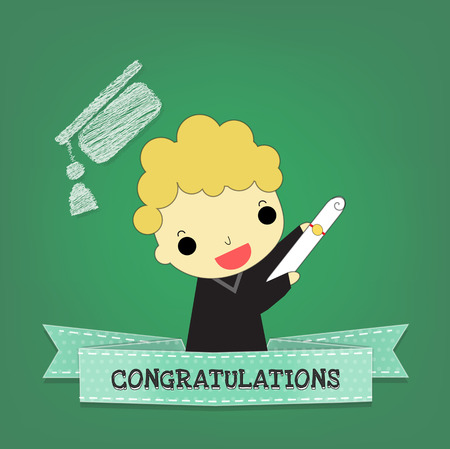 graduate man with blue dot ribbon and text " congratulations"  front of chalkboard.のイラスト素材
