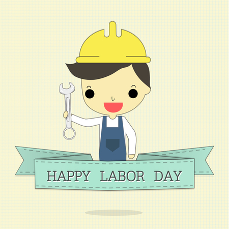 this man is labor who hold wrench with text "happy labor day" on blue ribbon on brown line background.のイラスト素材