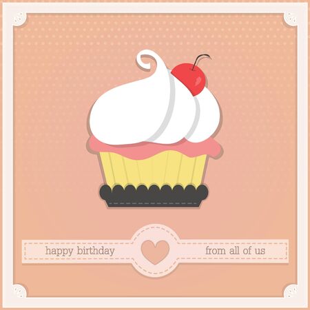 cute cup cake and text "happy birthday" with white frame on pink background.のイラスト素材