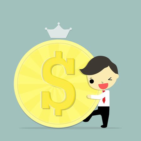 businessman with happy emotion hug big dollar on blue background.のイラスト素材