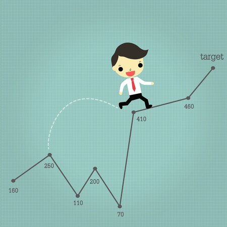 businessman jump pass risk situation go to success on line blue background.のイラスト素材