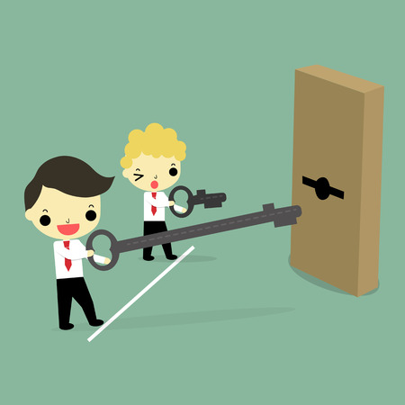 businessman who win hold long key and another one who lost hold short key and keyhole on green background.のイラスト素材