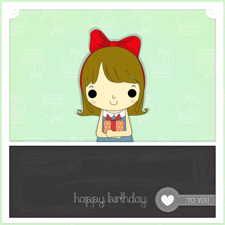 cute girl carry precious gift on cupcake background and blackboard with text happy birthday to you.のイラスト素材