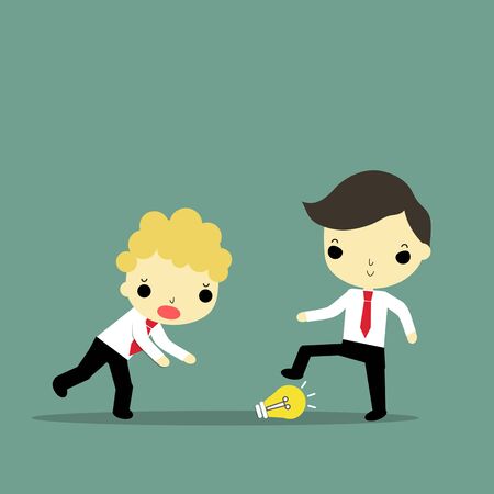 yellow hair businessman's idea was destroy by coworker on blue background.のイラスト素材