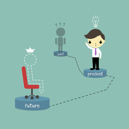 dark shadow of person stand at past podium, businessman with lamp of idea stand at present podium and line person with crown who sitting on chair at future podium totally on blue background.のイラスト素材