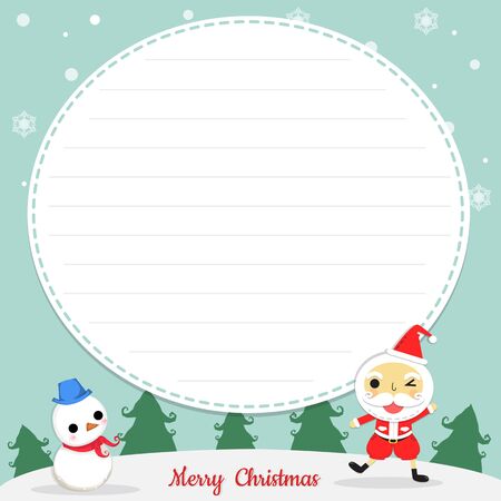 santa claus and snowman stand on snow around with tree and snowflake at christmas day as background and paper on center of card.のイラスト素材