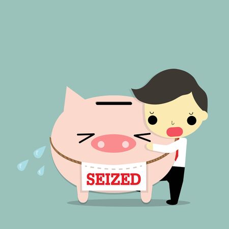 sad businessman insert bank in seized piggy bank on blue background.のイラスト素材