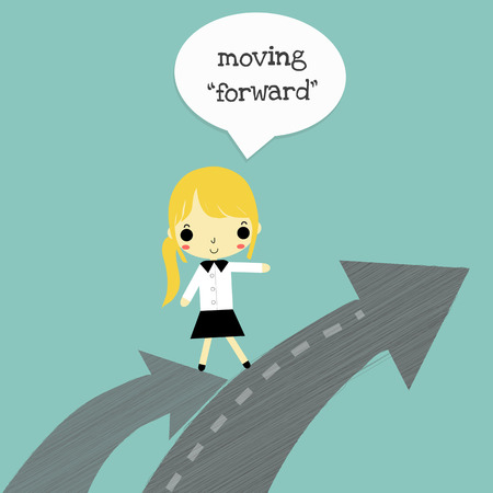 businesswoman move from high arrow to higher arrow on blue background.のイラスト素材