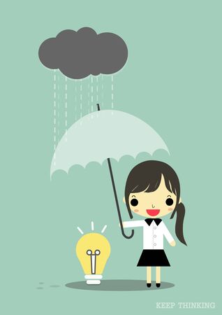 businesswoman hold umbrellra protect lamp of idea on blue background.のイラスト素材
