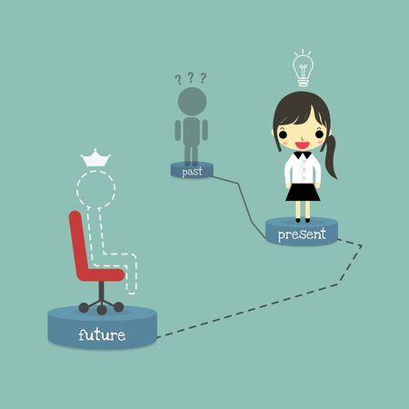 dark shadow of person stand at past podium, businesswoman with lamp of idea stand at present podium and line person with crown who sitting on chair at future podium totally on blue background.のイラスト素材