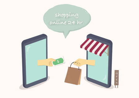 online shopping concept, digital marketing on website and mobile application, online shopping open 24 hr. ,illustration.の写真素材
