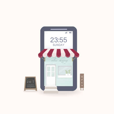 24-hour shopping online on website or mobile  application flat design illustration concept marketing and digital marketing.の写真素材