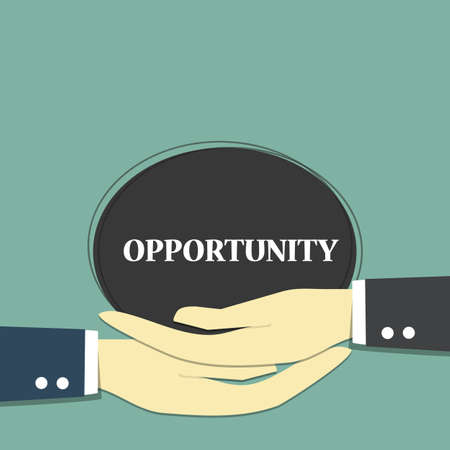 businessman's hands carry word "opportunity" on blue background.の写真素材