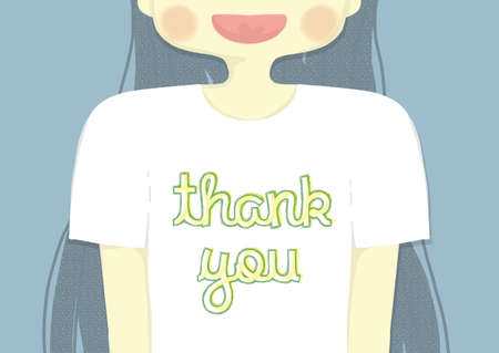 The man wear white T-shirt sceen text " thank you"  on blue color background. This illustration for card, print  to show the emotion of big thank you.の写真素材