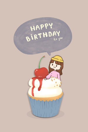 Minimal cute cupcake for happy birthday on  purple background and have space to write greetings. Illustration for greeting card, invitation,  poster, banner, print.の写真素材
