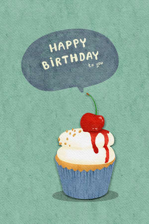 Minimal cute cupcake for happy birthday on blue-green water color paper texture and have space to write greetings. Illustration for greeting card, invitation,  poster, banner, print.の写真素材