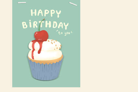 Minimal cute cupcake for happy birthday on blue-green paper and have space to write greetings. Illustration for greeting card, invitation,  poster, banner, print.の写真素材