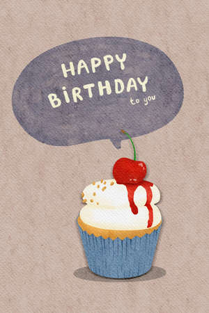 Minimal cute cupcake for happy birthday on purple water color paper texture . Illustration for greeting card, invitation,  poster, banner, print.の写真素材