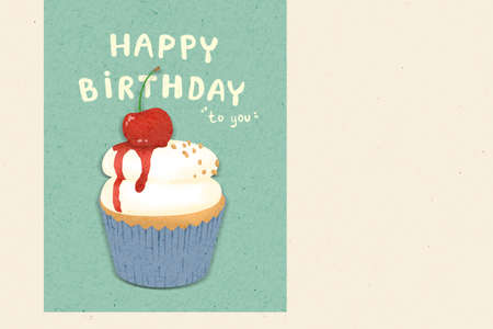 Minimal cute cupcake for happy birthday on blue-green water color paper and have space to write greetings. Illustration for greeting card, invitation,  poster, banner, print.の写真素材