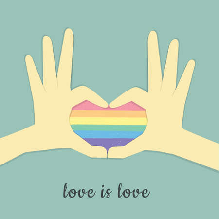 Illustration of people hold  lgbt rainbow heart symbol. Pride month celebration against violence, descrimination, human rights violation. Equality and self-affirmarmationの写真素材