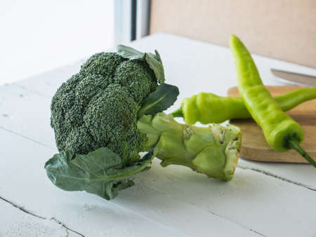 Green brocoli on white wooden table background,の写真素材