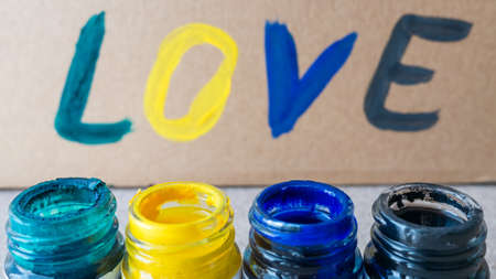 Color bottles on blur love background,の写真素材