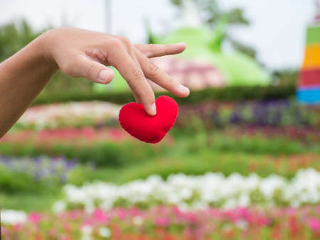 Hand holding red heart on blurred flower background,の写真素材