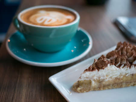 Bakery in plate on blur  hot coffee background,の写真素材