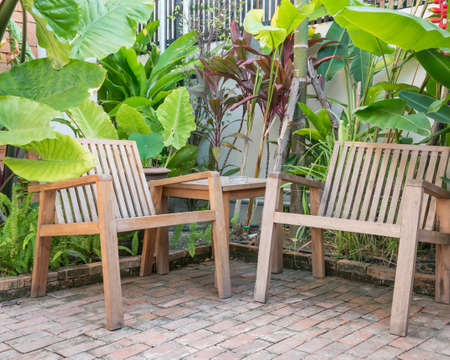 Chair in garden, old wooden chair,の写真素材