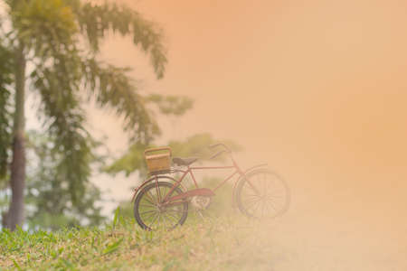 Bicycle in grass on sky background, Landscape picture Vintage Bicycle with Summer grass field at sunset ; vintage filter style.の写真素材