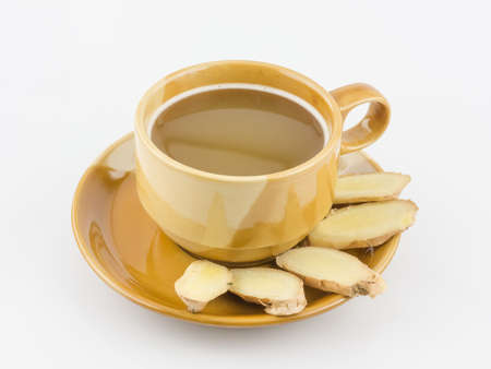 Hot water ginger and raw ginger slice on white background,の写真素材