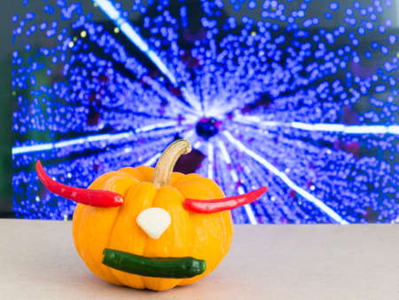 pumpkin on bokeh background, red chili in pumpkin, yellow pumpkin make mouth by green chili, garlic on yellow pumpkin,の写真素材