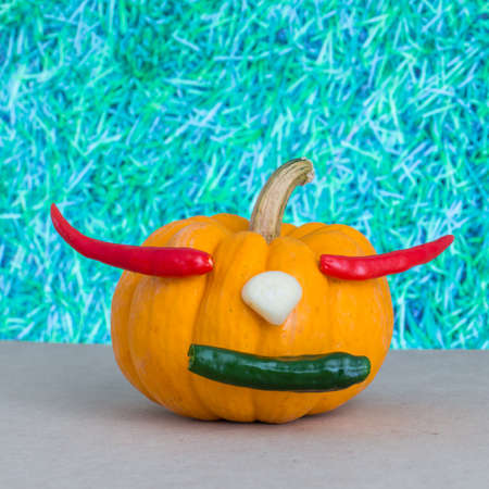 pumpkin on green grass background, red chili in pumpkin, yellow pumpkin make mouth by green chili, garlic on yellow pumpkin,の写真素材