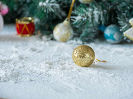 Christmas decorative gift boxes, drums and balls isolated on white backgroundの写真素材