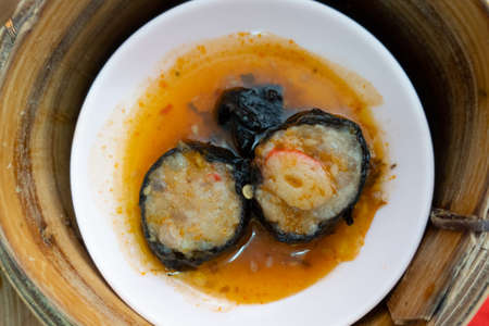 Close up dim sum chinese food in bamboo basketの写真素材