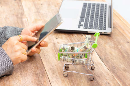 Women holding smart phone and money bank in the shopping cart on the table,の写真素材