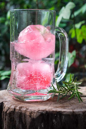Raspberry flavour  ice in soda water decorated with rosemary place on wood stumpの写真素材