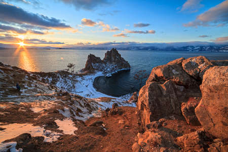 Sunset, mountains and the Baikal waterの写真素材