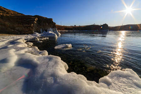 The attraction of lake Baikal - shaman rock in the winterの写真素材