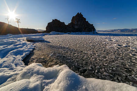 The attraction of lake Baikal - shaman rock in the winterの写真素材