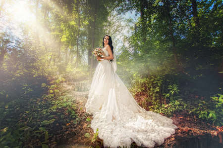 Beauty bride in white wedding dress in forest with romantic sunlightの写真素材
