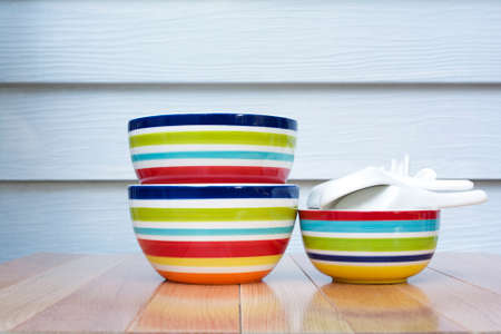 Stripe Bowls and White Ceramic Spoons