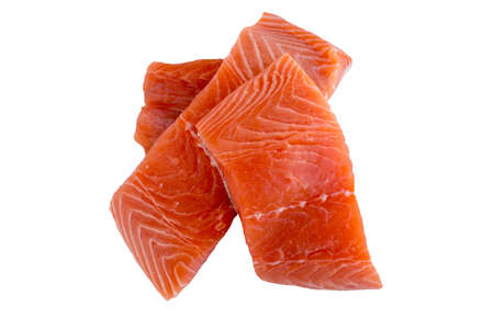 Top View Stack Three Raw Cut Salmon Pieces Isolated on White Backgroundの写真素材